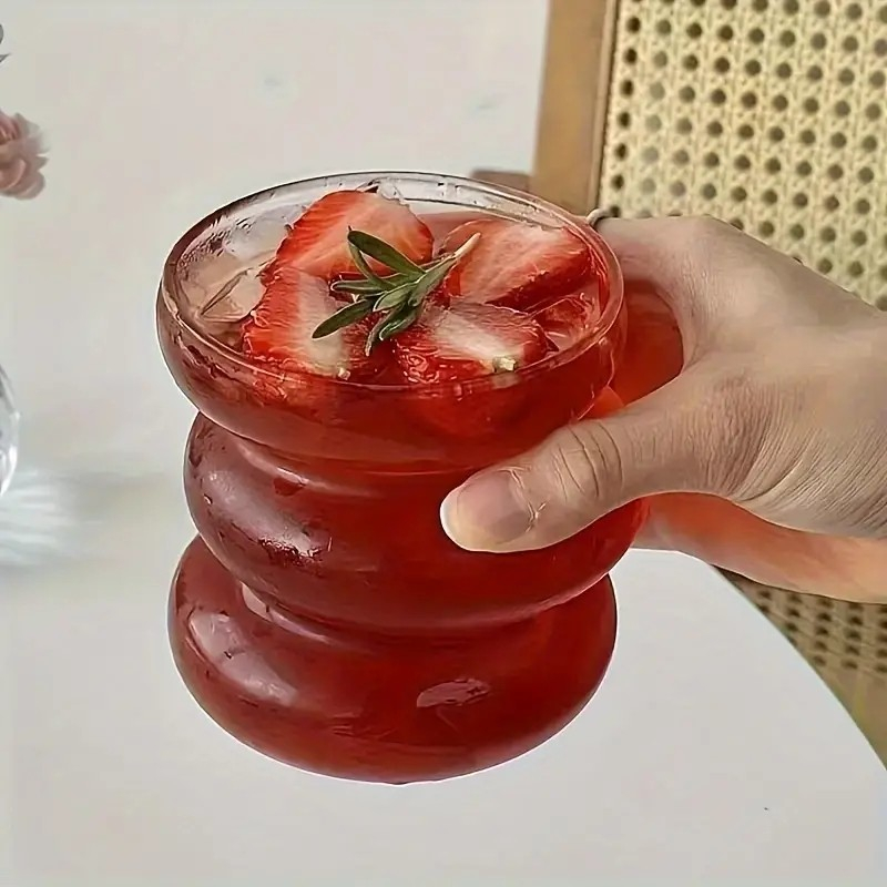 (430ml) Bubble Glas Geripptes Trinkglas Getränke Cup Wellen Becher für Iced Coffee / Cocktails / Softgetränke - Transparent
