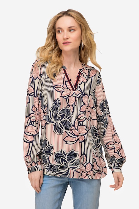 Bluse, Blumen Print, Stehkragen, Langarm