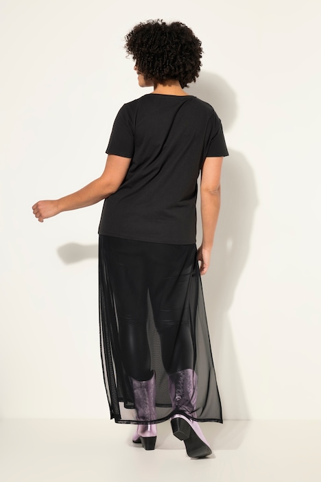 Longshirt, A-Linie, angesetzter Mesh-Rock, Katzen-Motiv