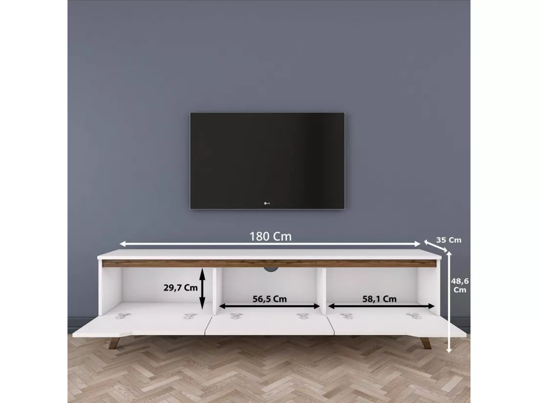 Meuble TV Cor, Buffet de salon, Armoire basse pour TV, Base murale de rangement, 180x35h49 cm, Blanc et Noyer