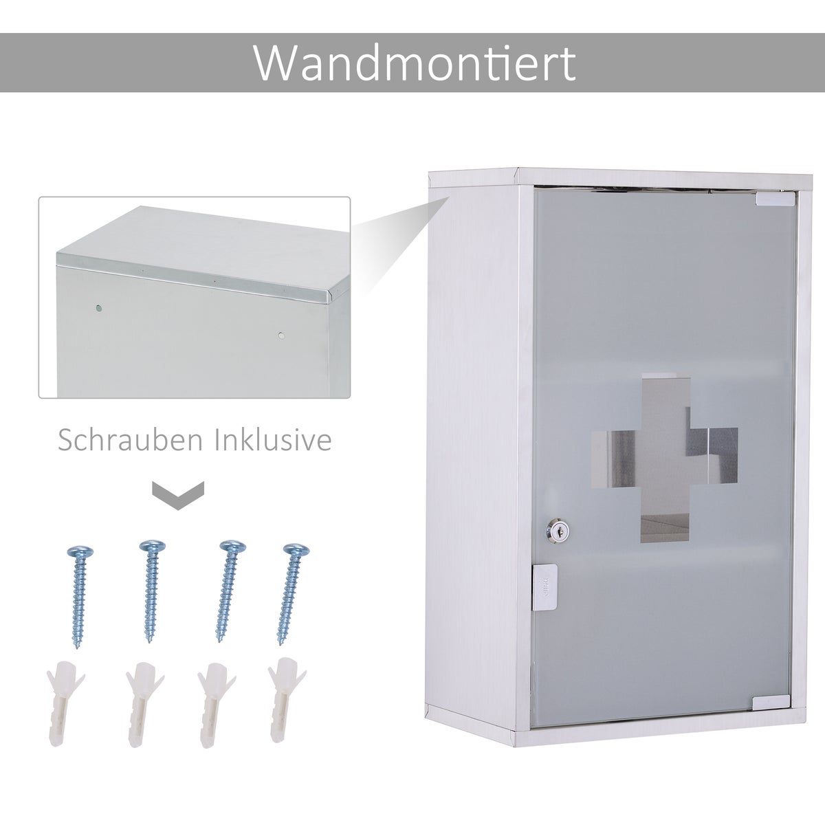 HOMCOM Medicijnkast, EHBO-kast met slot, roestvrij staal, 30 x 18 x 50 cm