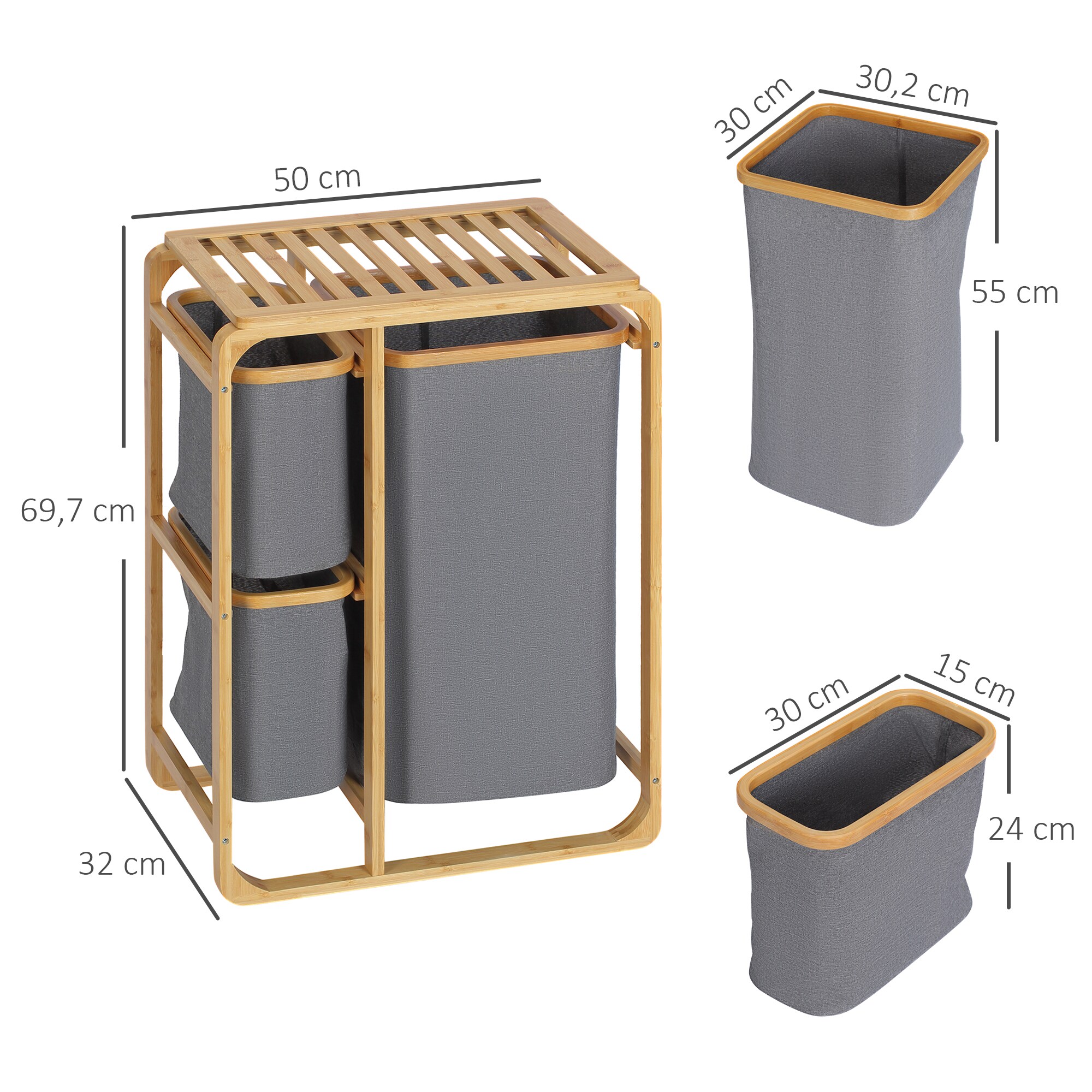HOMCOM Wäschekorb mit 3 abnehmbaren Wäschesacke grau, natur 50L x 32B x 69,7H cm