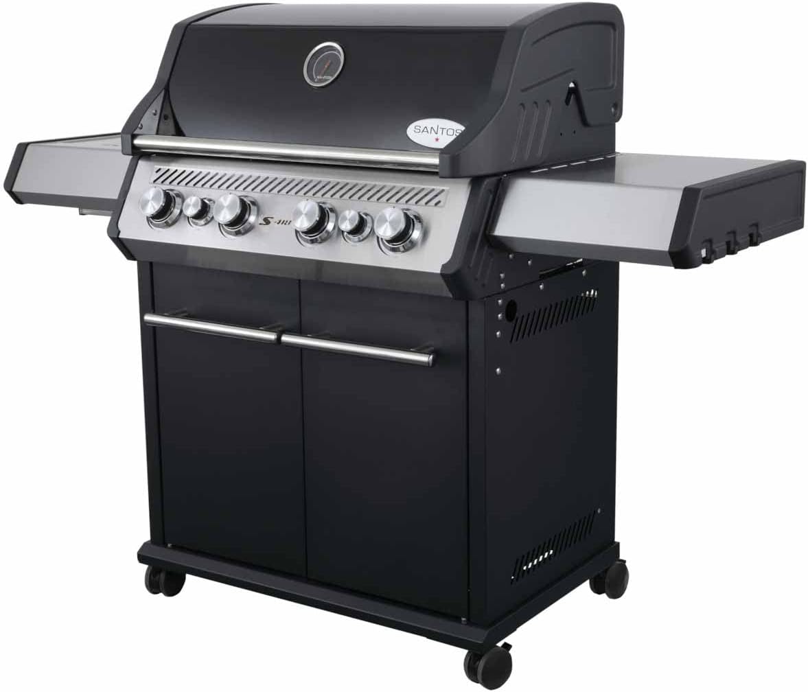 SANTOS Gasgrill S-418 schwarz - 4 Hauptbrenner, 800 °C Grillzone, Heckbrenner/Backburner, Gussgrillroste - inkl. Drehspieß, Rostheber & Silikonablage