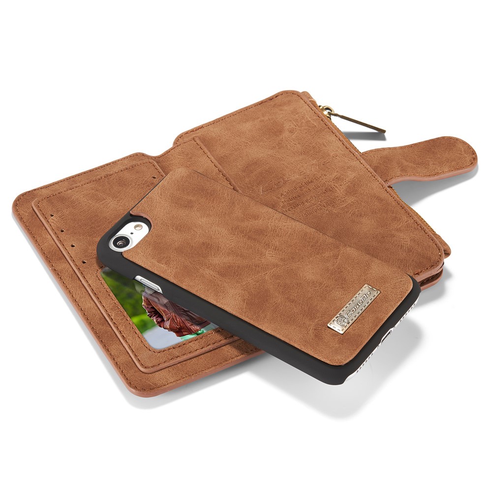 iPhone SE (2022/2020) / 8 / 7 3in1 Leder Tasche   Magnet Hardcase und Karten Etui (Vertikal Ausklappbar) - Hellbraun