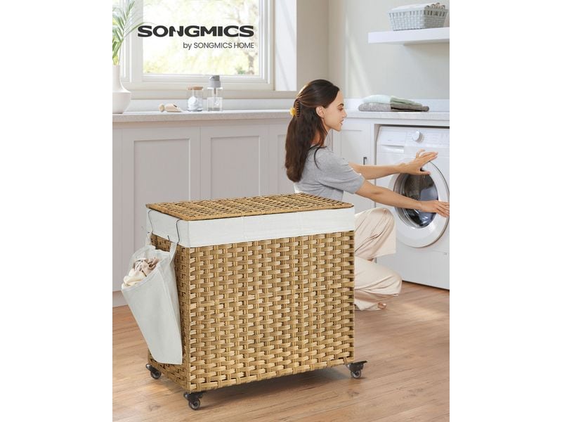 Songmics Wäschekorb  160 l, Hellbraun Wäschesammler mit drei Fächern