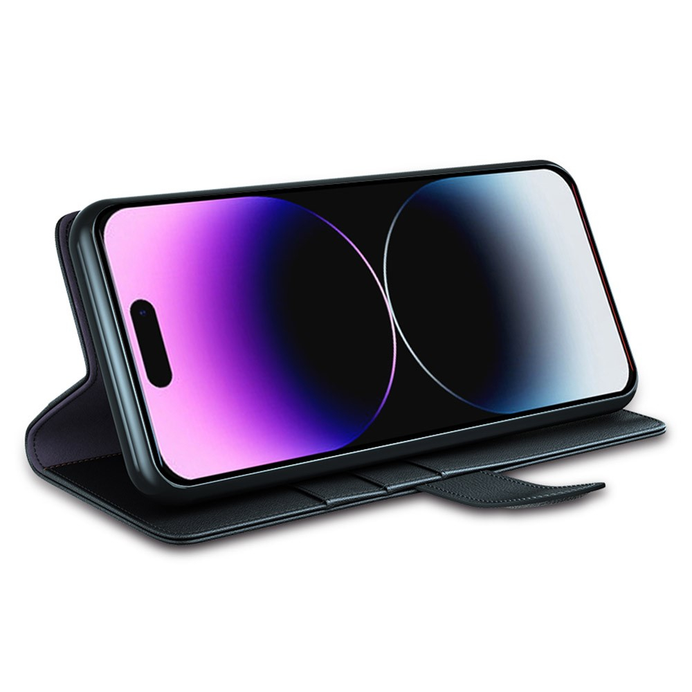 iPhone 15 Pro Echtleder Tasche Flip Cover mit Kartenfächer - Schwarz