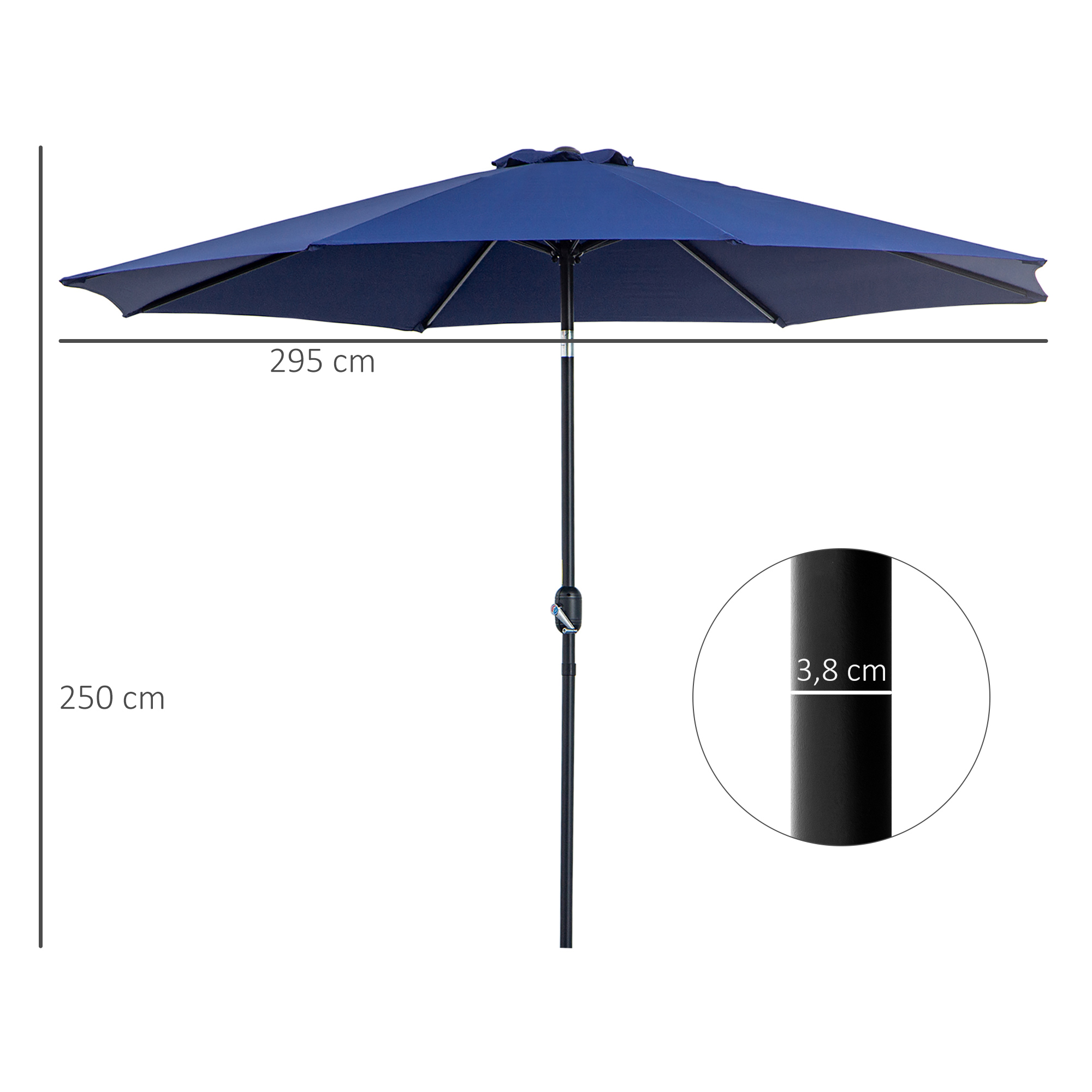 Guarda-sol de jardim Outsunny Ø295x250 cm com manivela, guarda-sol externo com mecanismo de inclinação e mastro de metal removível para terraço, piscina e pátio, azul.