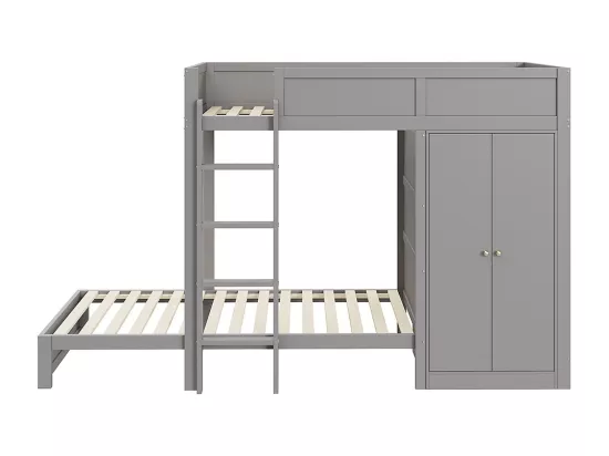 Lit superposé pour enfants 90*200 cm, avec marches de sécurité verticales, armoire, design high fence, gris