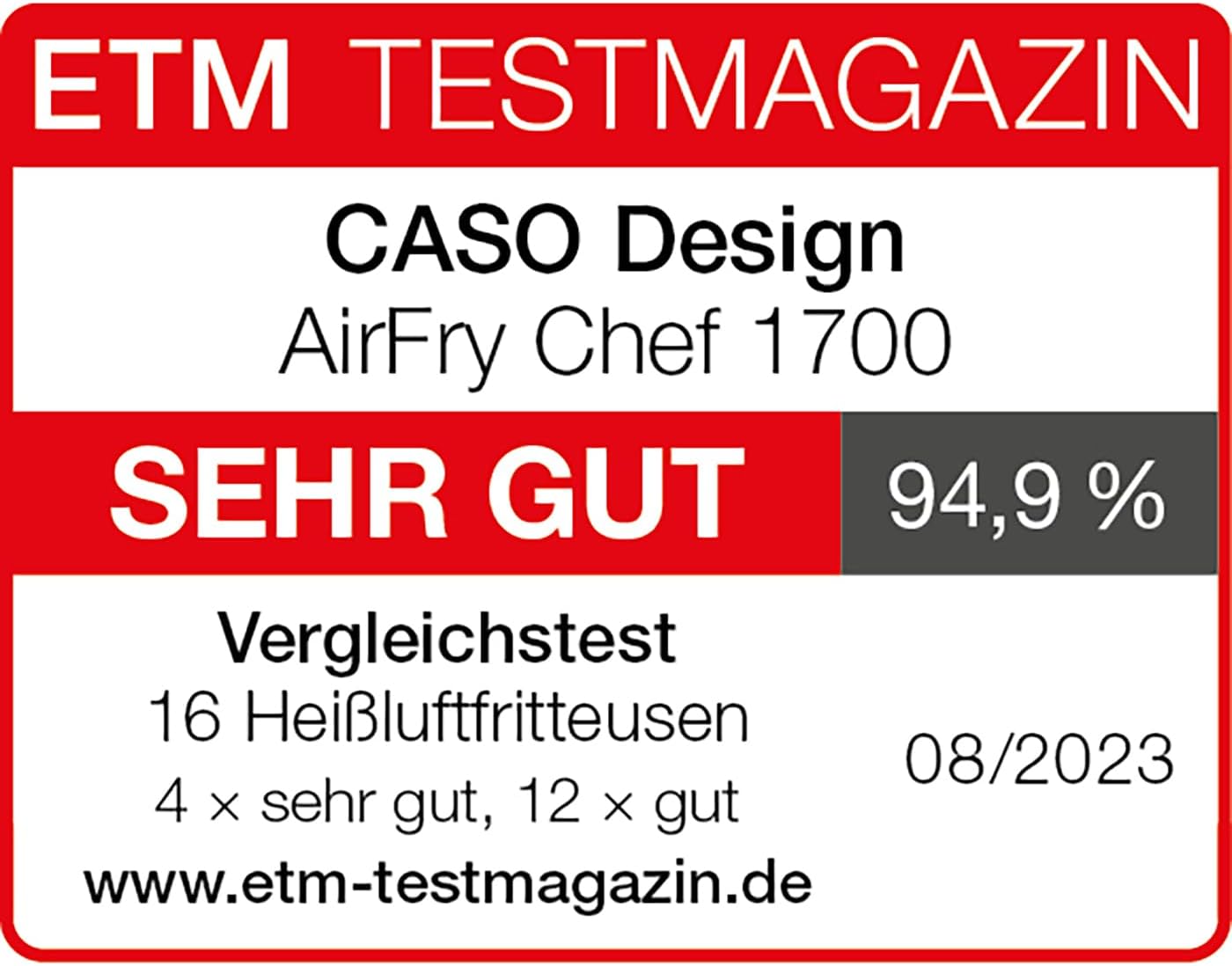 CASO AirFry Chef 1700 - Design Heissluftfritteuse, Testurteil: Sehr Gut, direkt startbereit ohne Aufheizen, 3 Einschubebenen, Temperaturbereich 40 °C bis 230 °C (5°C Schritten), Timer, 1700 Watt