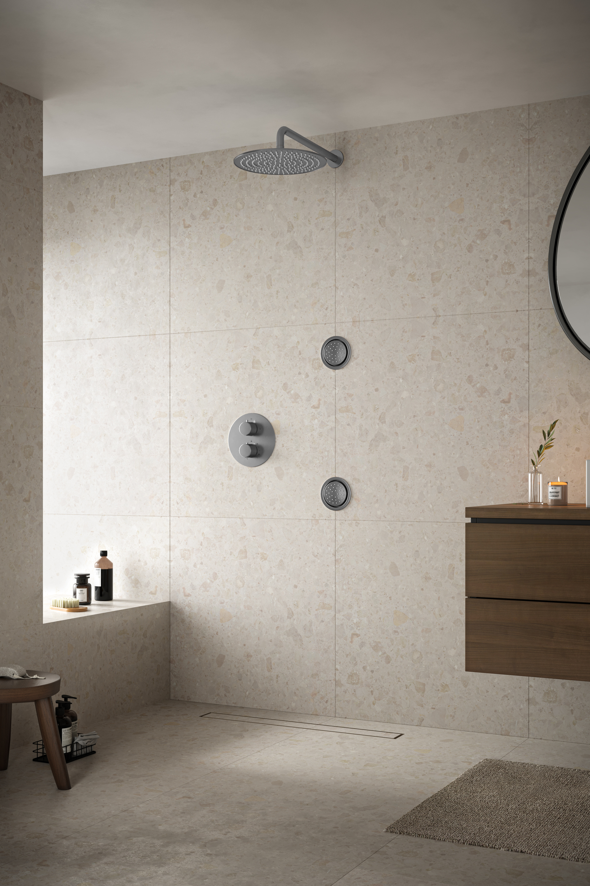 Saniclear Exclusive Curved inbouw regendouche 20cm met ronde massagejets en muurarm RVS