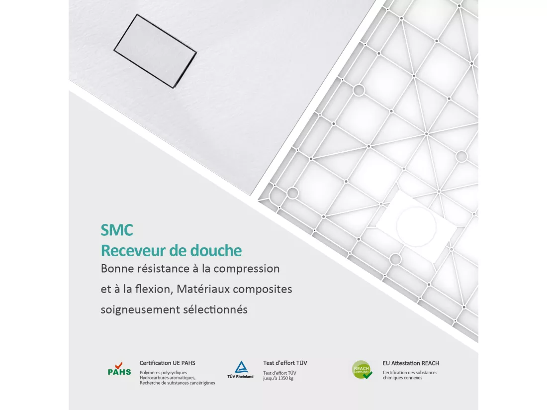 EMKE Receveur de douche receveur de douche plat antidérapant SMC receveur de douche à découper, 90x90cm | Blanc