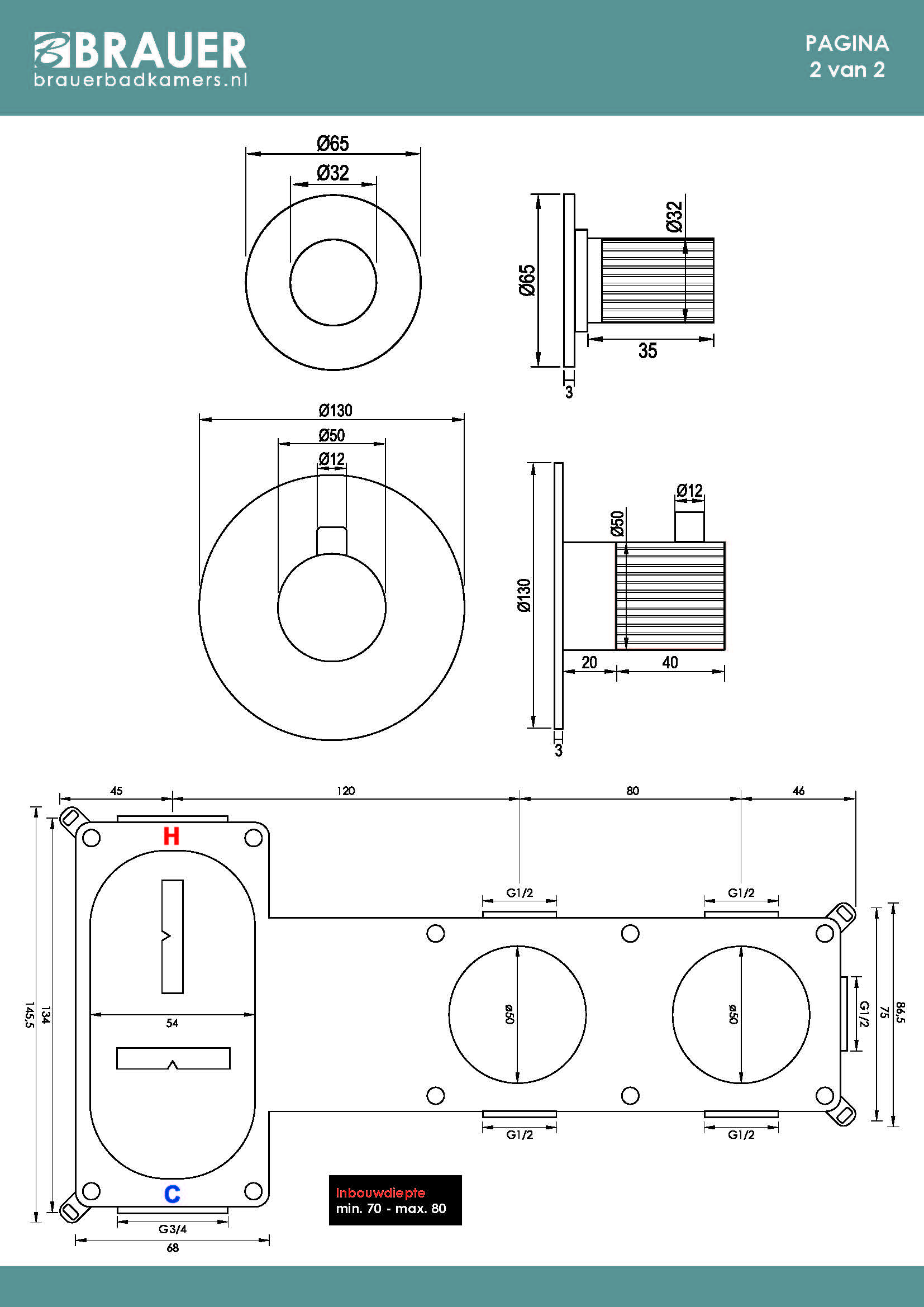 Brauer Stripe inbouw badkraan met 3 standen handdouche koper geborsteld PVD
