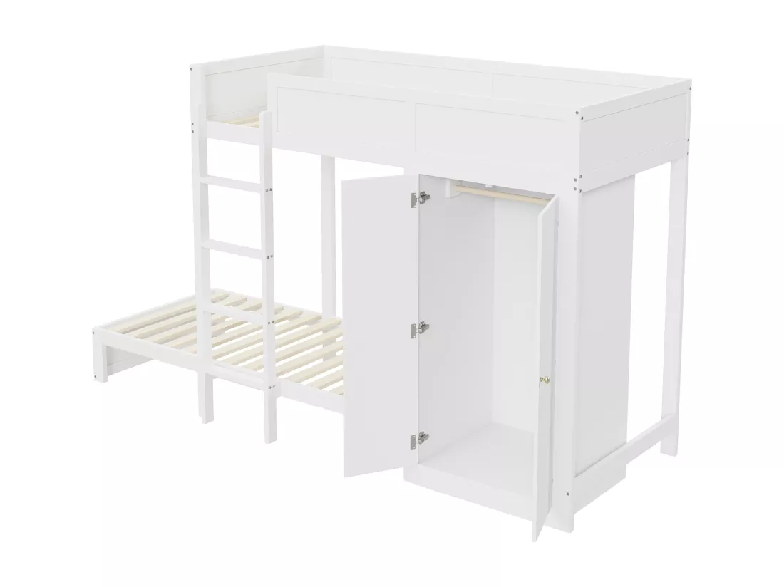 Lit superposé 90x200cm, lit enfant avec armoire, barrière de sécurité haute, lit ado, blanc