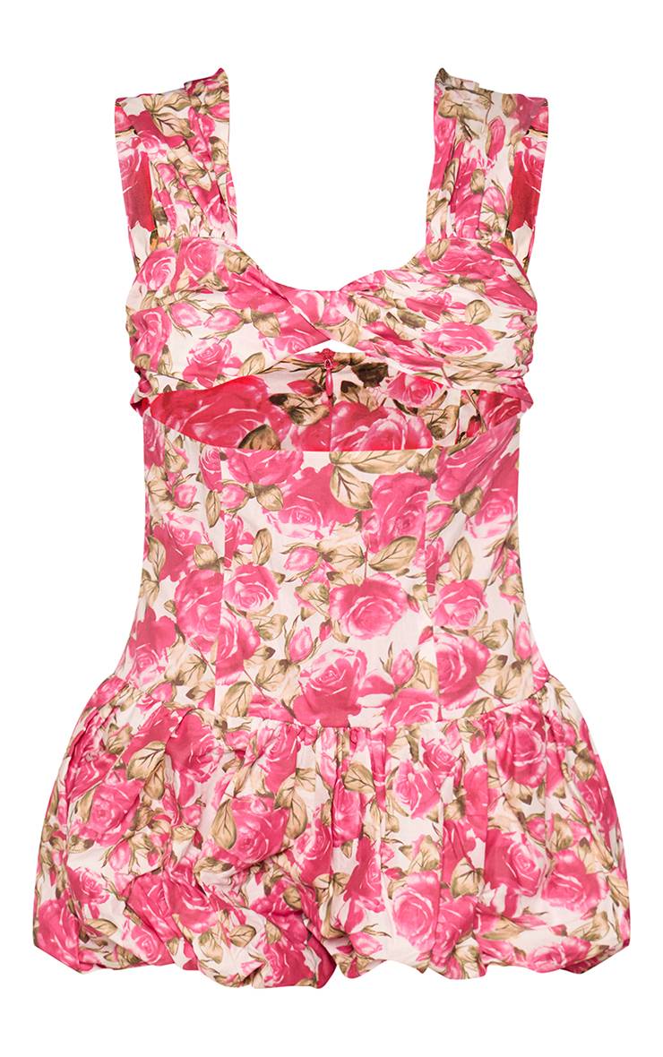 Rose Combinaison Courte Bouffante À Imprimé Fleuri Bustier