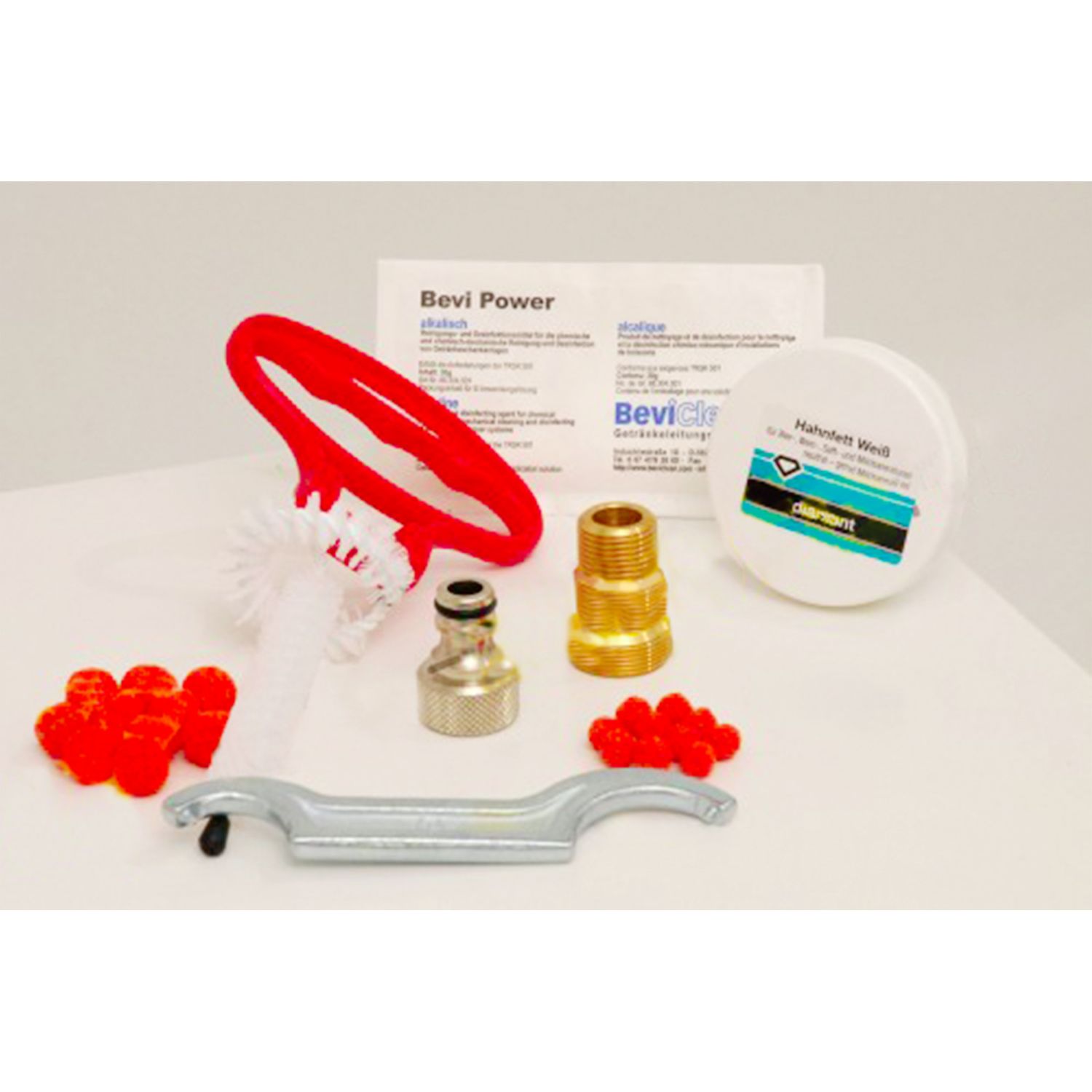 Reinigungsset für Zapfanlage und Keg - Klein, mit 30mm Reinigungsadapter, Bürsten & Reinigungspulver
