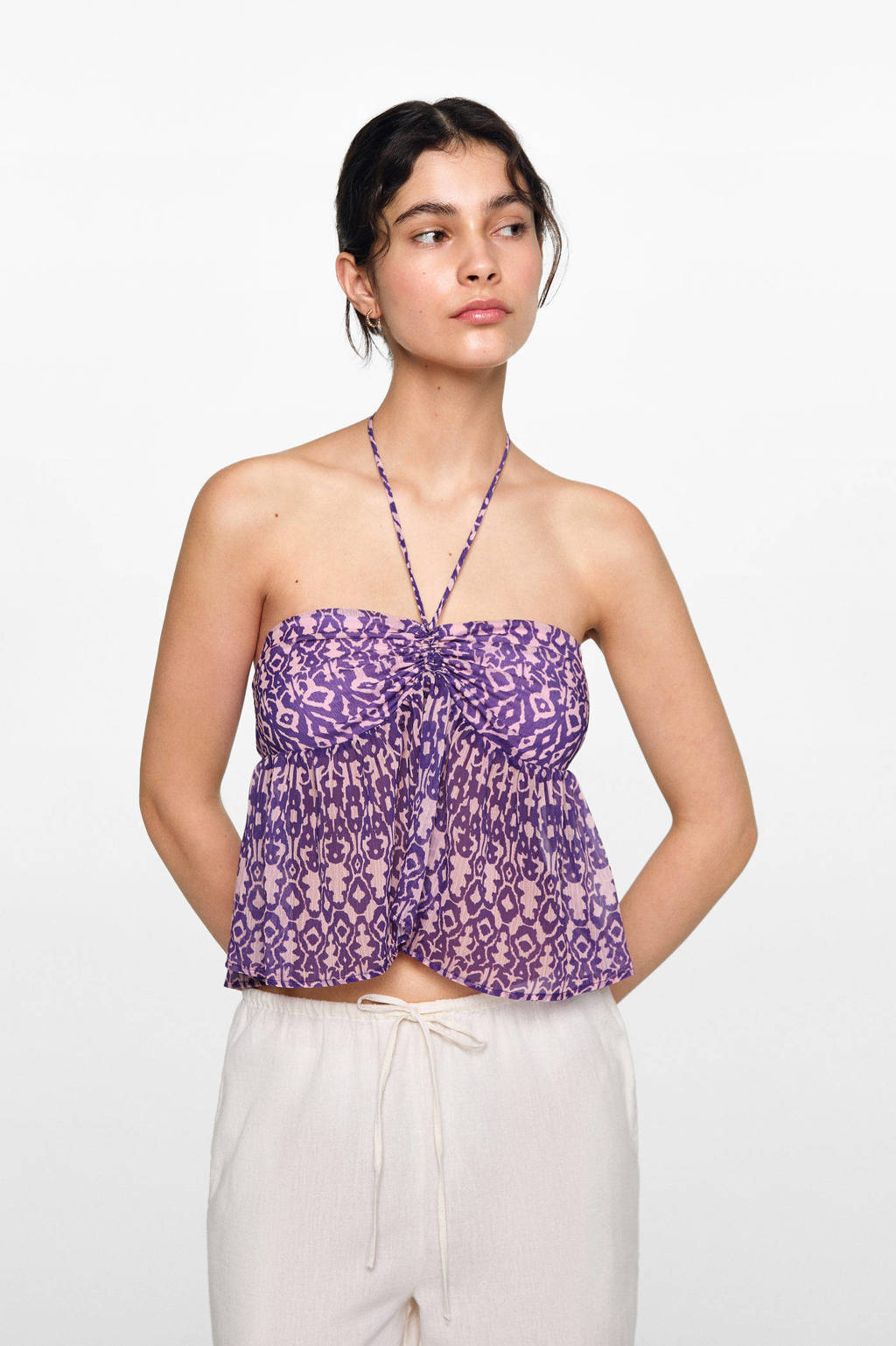 MANGO TEEN strapless top met all over print paars/roze