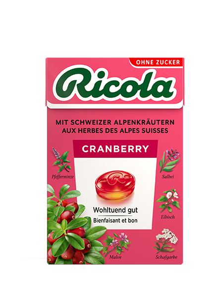 Ricola Kräuterbonbons Pastillen Cranberry ohne Zucker mit Stevia Box 50 g