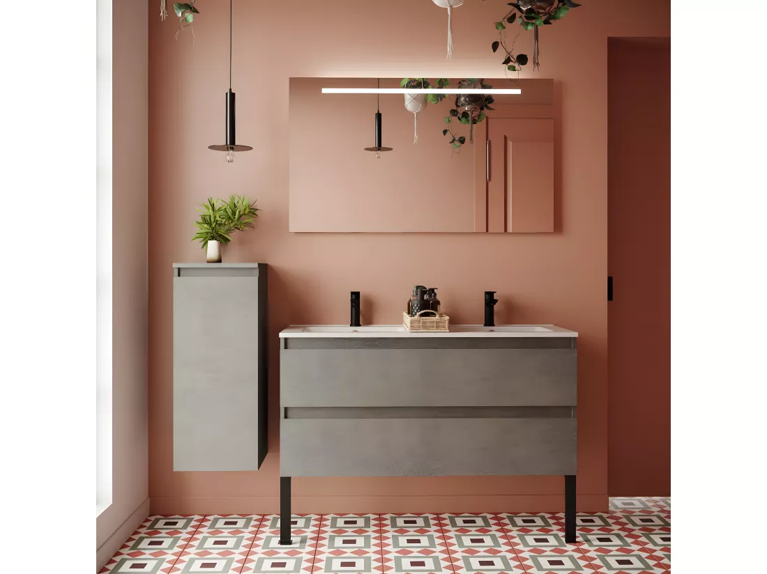 Meuble de salle de bain suspendu double vasque intégrée 120cm 2 tiroirs façon Béton - Hudson
