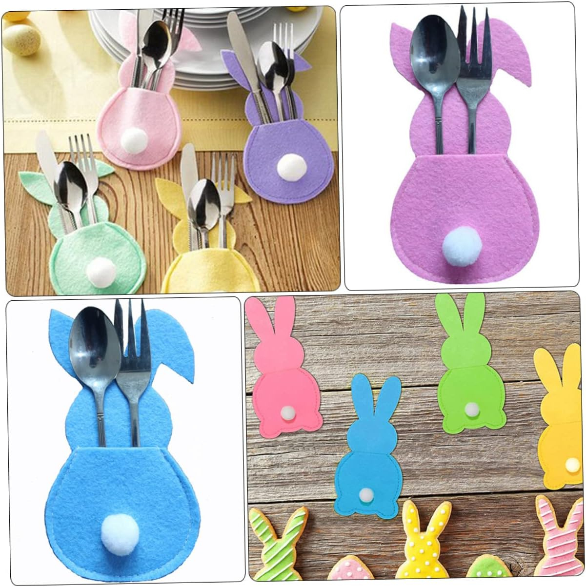 (4er Set) Filz Osterhase Besteck Tasche Oster Party Tisch Deko für Messer / Gabel / Löffel - Blau