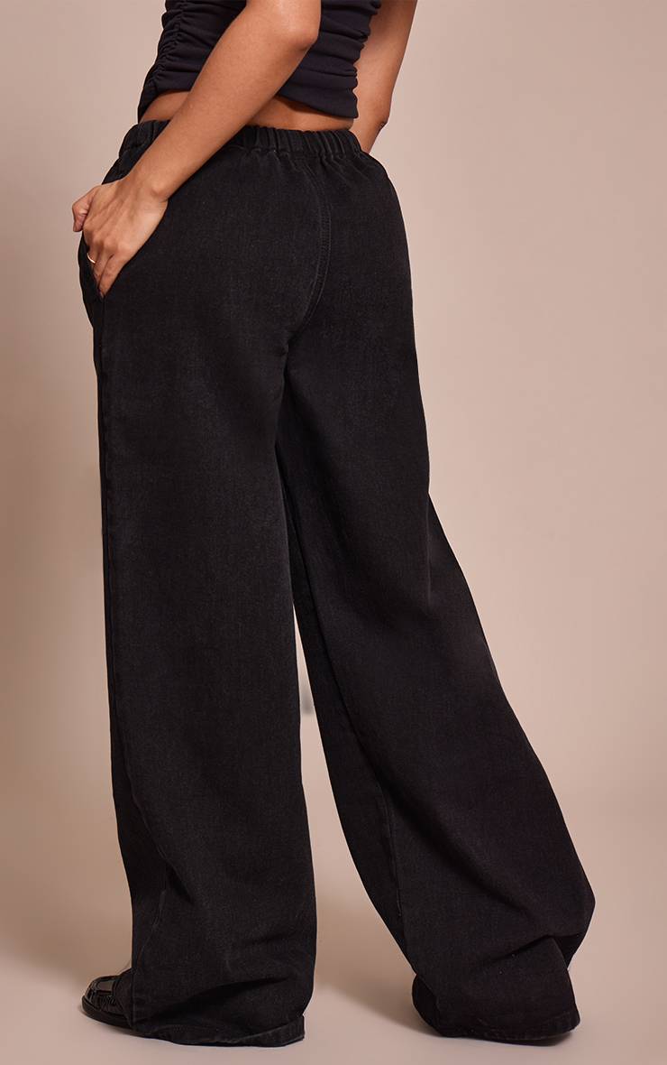Noir Jean Large Taille Haute Élastiquée Avec Lien En Denim Petite
