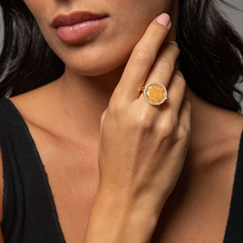 Bague Disque Argent Doré Pierre Verte