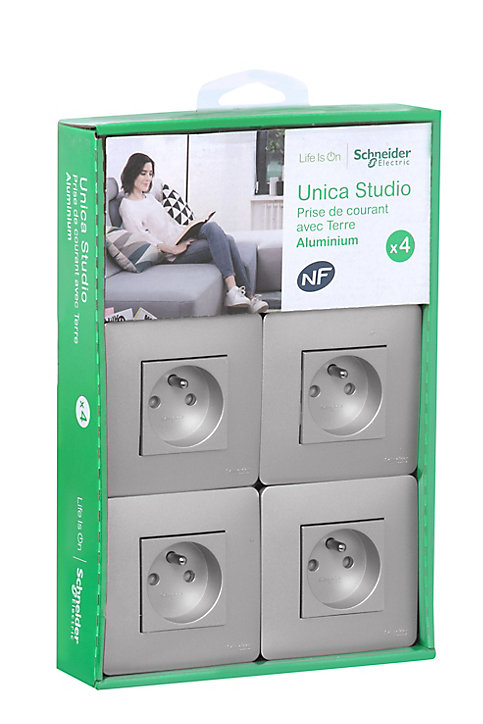 Prise avec terre complète Schneider Electric Unica Déco aluminium, lot de 4