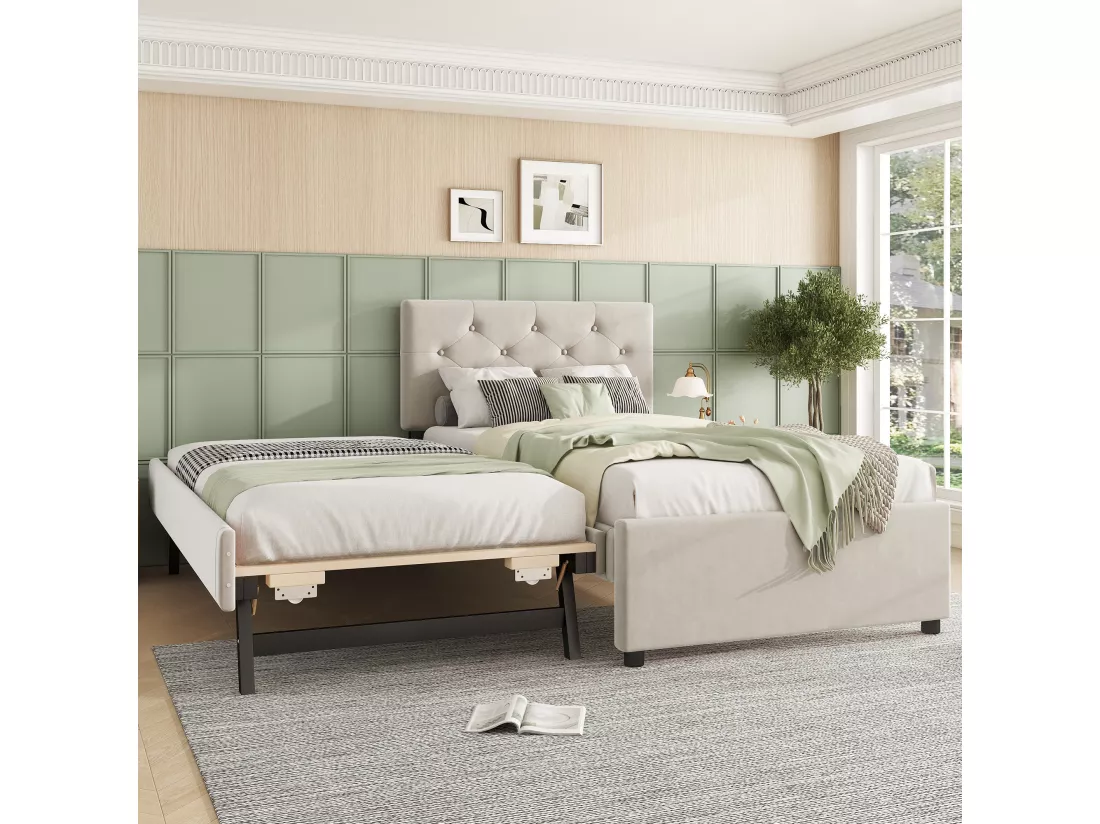 Lit simple 90x200cm en velours - avec un lit gigogne - avec sommier à lattes - Beige (matelas non inclus)