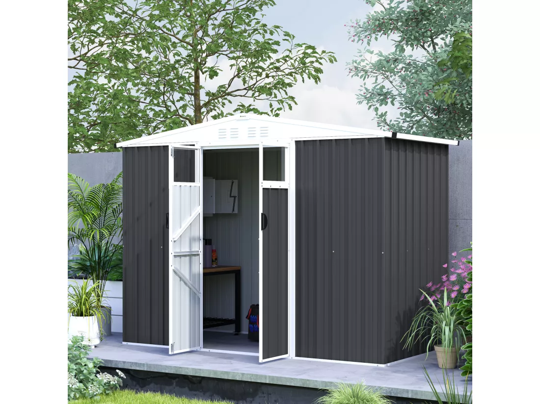 Abri de jardin surface 2,7 m² - 2 portes verrrouillables avec fenêtres - évents aération - tôle d'acier gris blanc