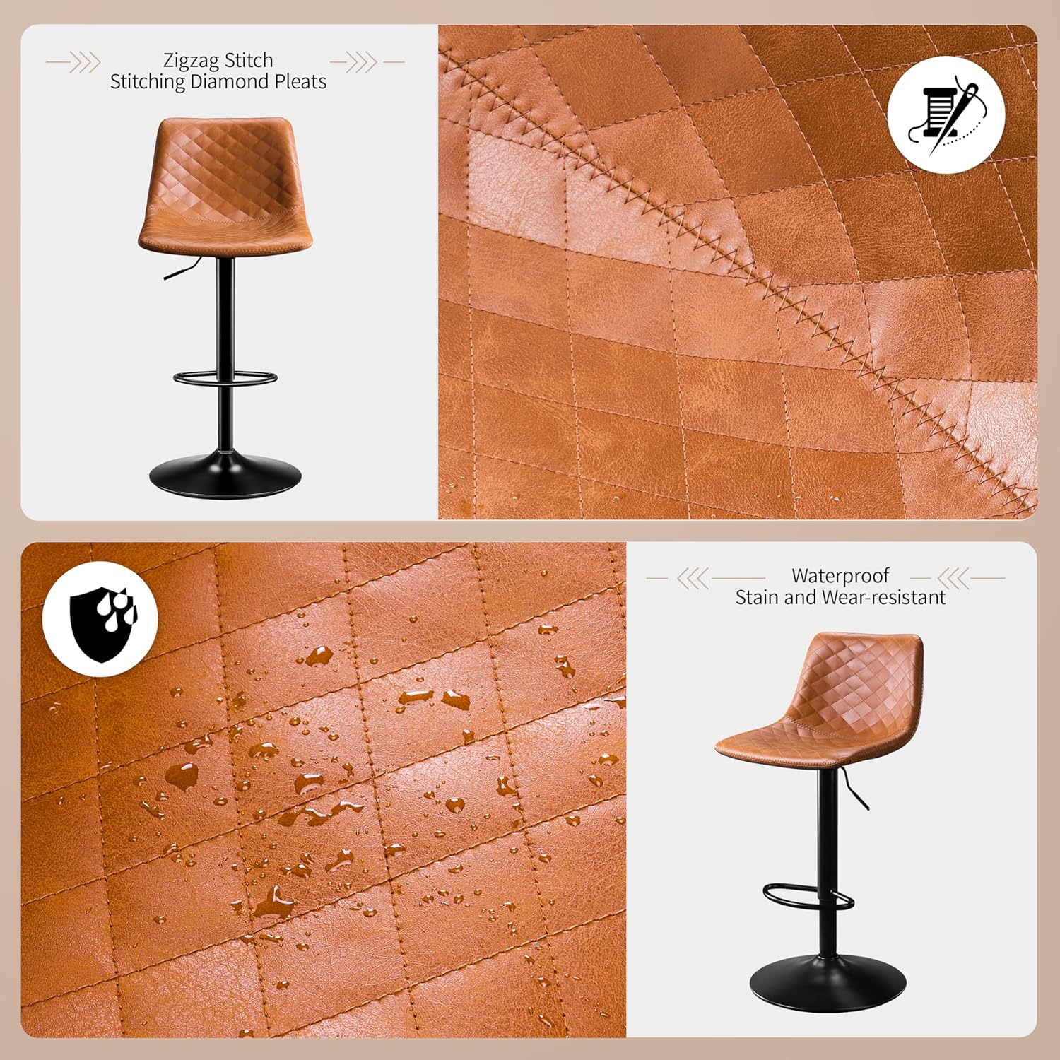 Barhocker 2er Set Höhenverstellbar Barstuhl mit Mikrofaser-Leder, Küchenhocker mit Lehne, Barhocker 360° Drehbar, Tresenhocker 150kg Belastbar für Küche, Esszimmer, Lobby-Braun