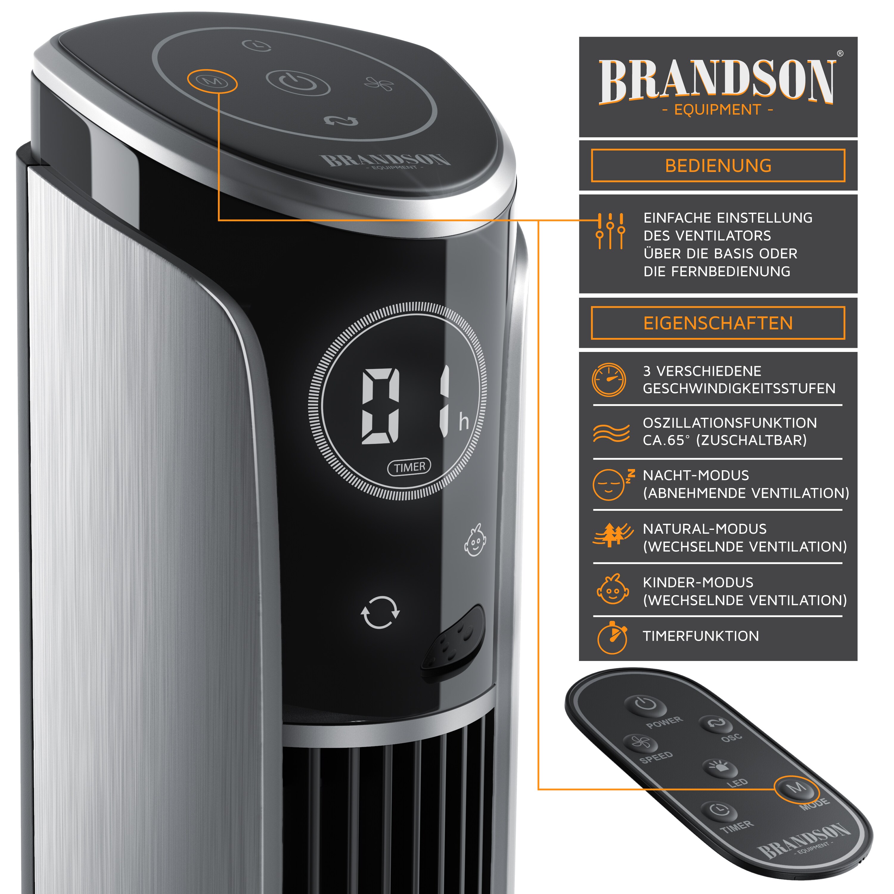 Brandson Turmventilator mit Oszillationsfunktion 65°, Ventilator neigbar 10°, Standventilator GS mit Timer, Fernbedienung, 4 Lüftungs-Modi, 108 cm