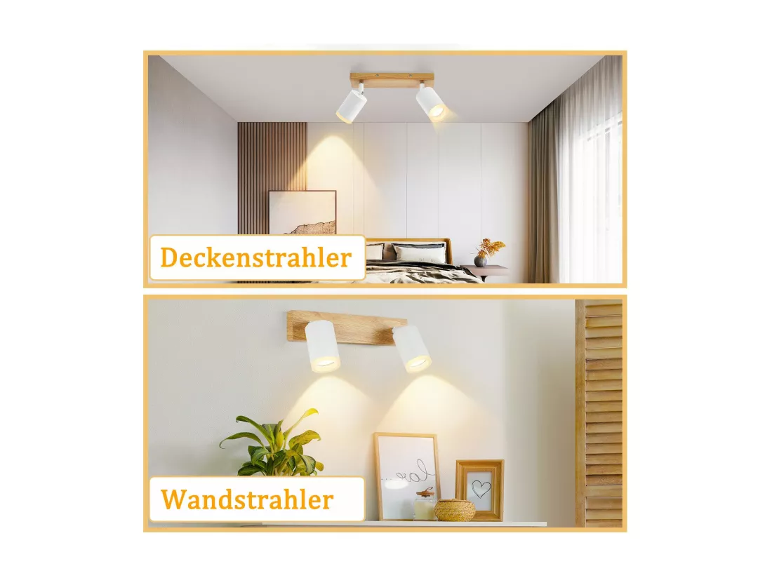 NETTLIFE Spot de plafond blanc GU10 spot mural en bois vintage pivotant sans ampoule orientable à 350° industriel