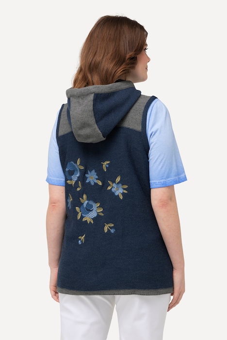 Trachten-Strickweste, Kapuze abnehmbar, florale Stickereien, ärmellos