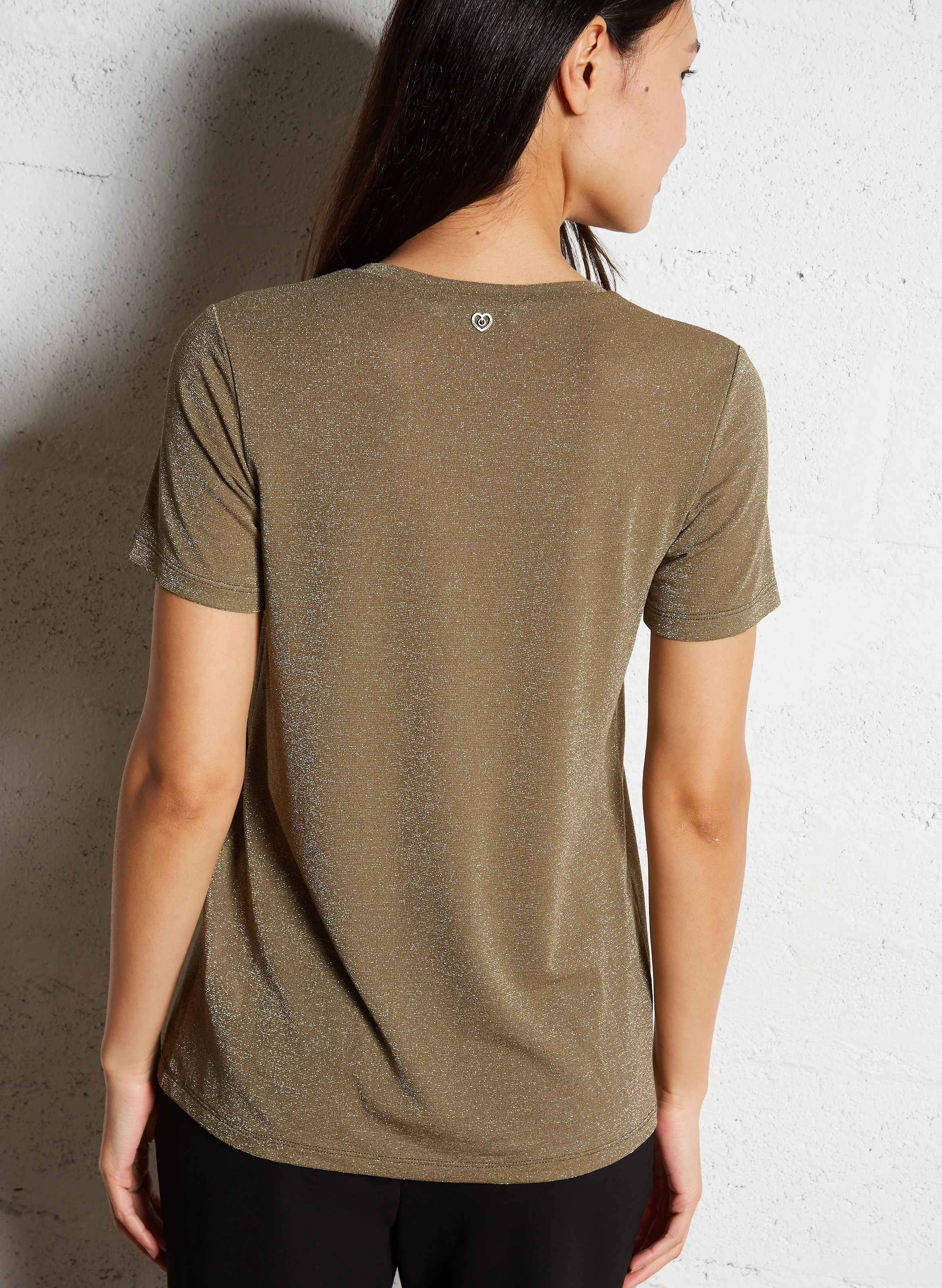 T-shirt col V en fibres métallisées | Kaki
