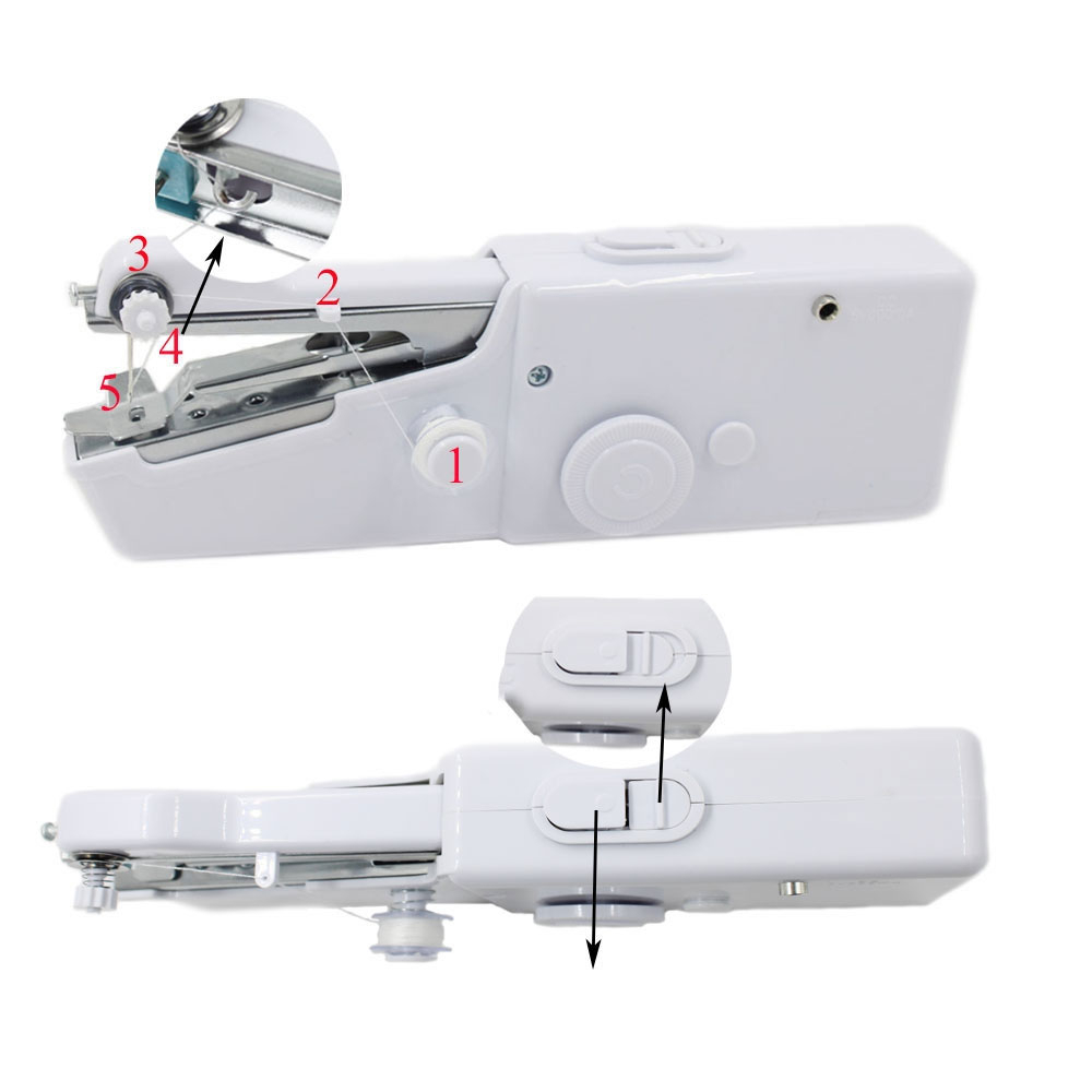 (27-tlg. Set) Mini Handnähmaschine   Mercerie Zubehör für Stoff / Leder / Jeans (Batteriebetrieben) - Weiss / Rot