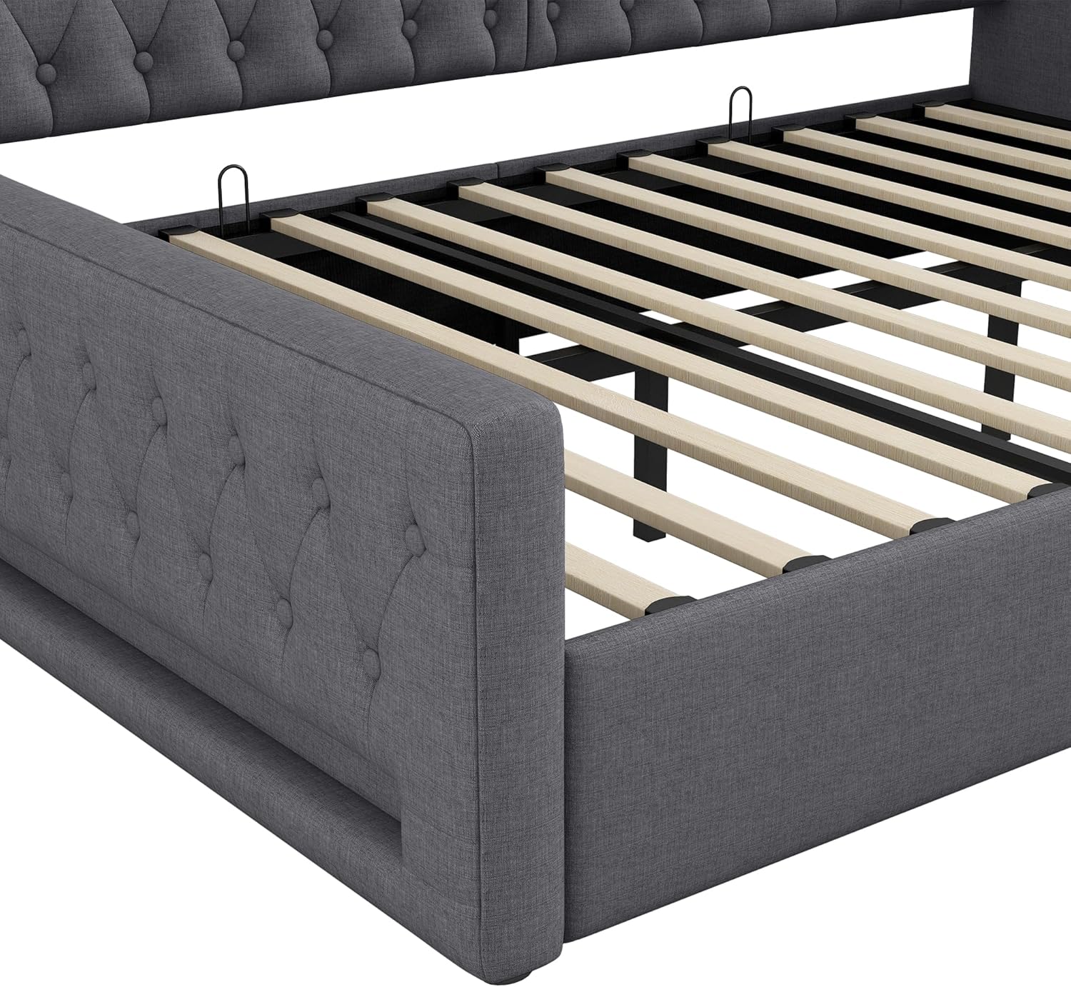 Polsterbett Schlafsofa 140x200 cm, Tagesbett Sofabett mit LED-Gürtel, Stauraumbett mit Hydraulischer Stauraum, Lattenrost aus Holz, MDF+Sperrholz+Leinen, Ohne Matratze, Grau