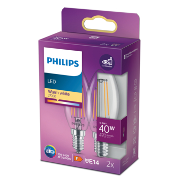 Philips LED kaars E14 duopack filament helder niet dimbaar