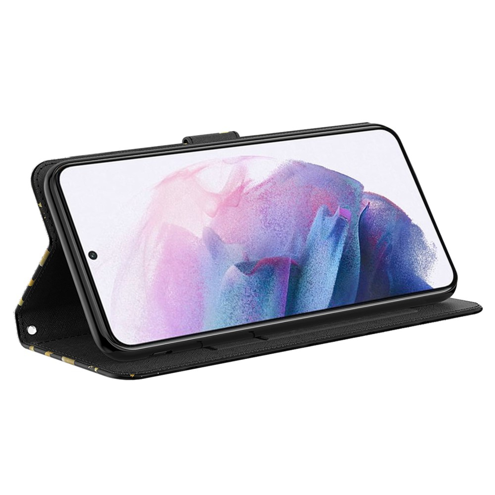 Samsung Galaxy A54 5G Leder Tasche mit Kartenfach   Handschlaufe - Schmetterling (Schwarz / Gold)