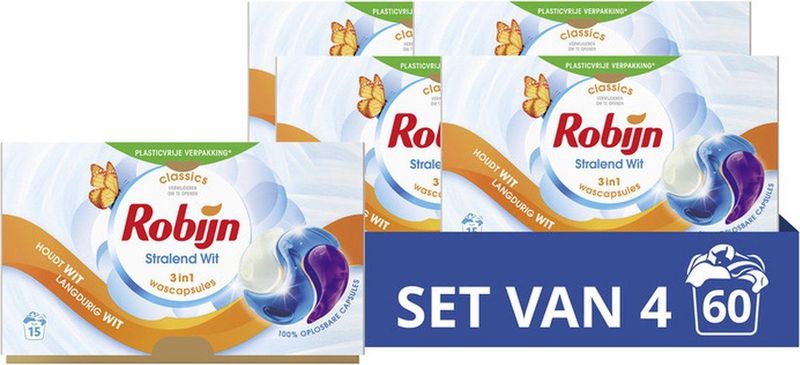 Robijn - 3-in-1 Wasmiddel Capsules - Stralend Wit - 4 Dozen - 60 Wasbeurten