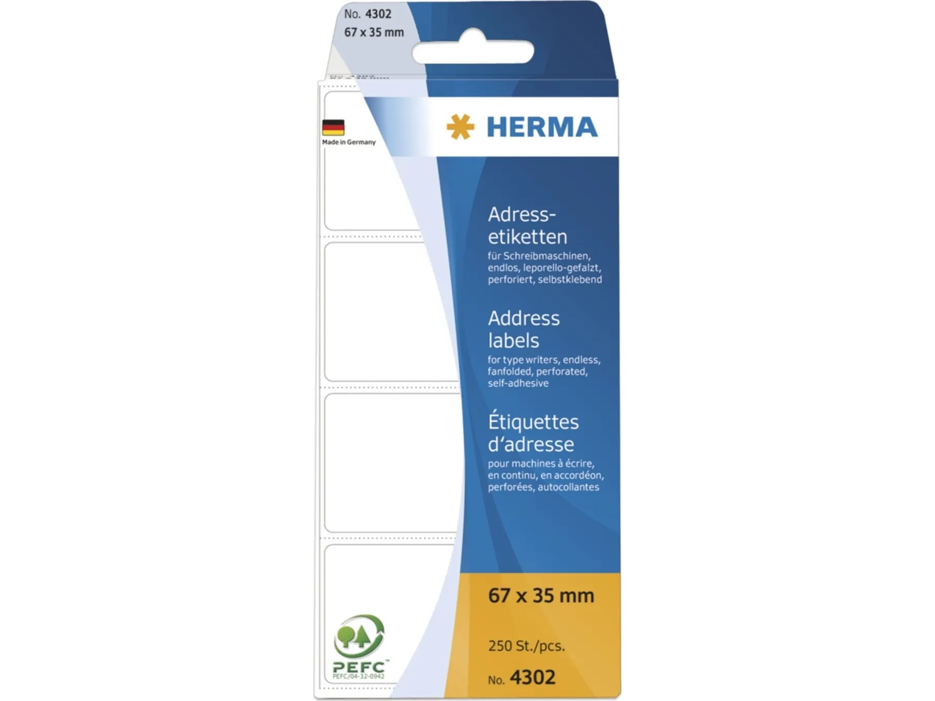 HERMA - Klæbemiddel - perforeret - hvid - 67 x 35 mm 250 stk. adresse-fanfold-mærkater