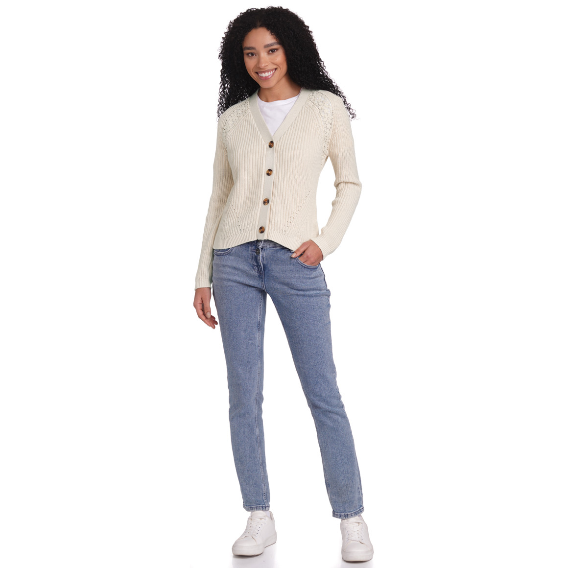 Gina Damen Strickjacke mit Spitze hellbeige