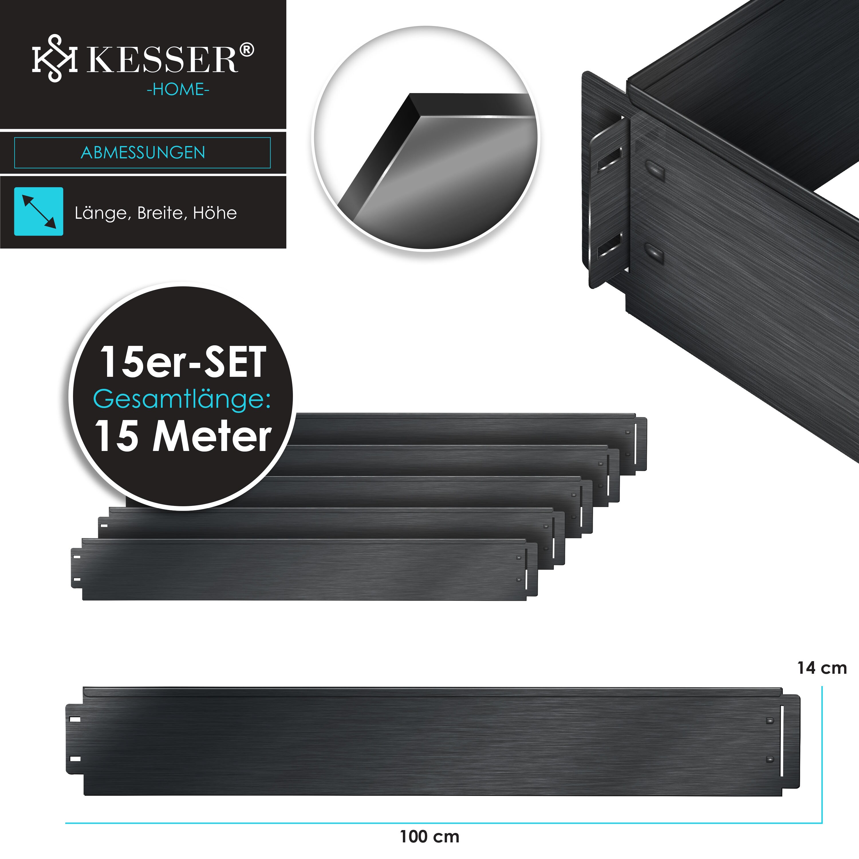 KESSER® Rasenkante Beeteinfassung Beetumrandung 5m 10m 15m 20m 25m 30m 35m 40m 45m 50m 100x14cm oder 100x18cm Beetbegrenzung Rasenbleche Mähkante Metall Palisade Beet Rasen. Inkl. Handschuhe