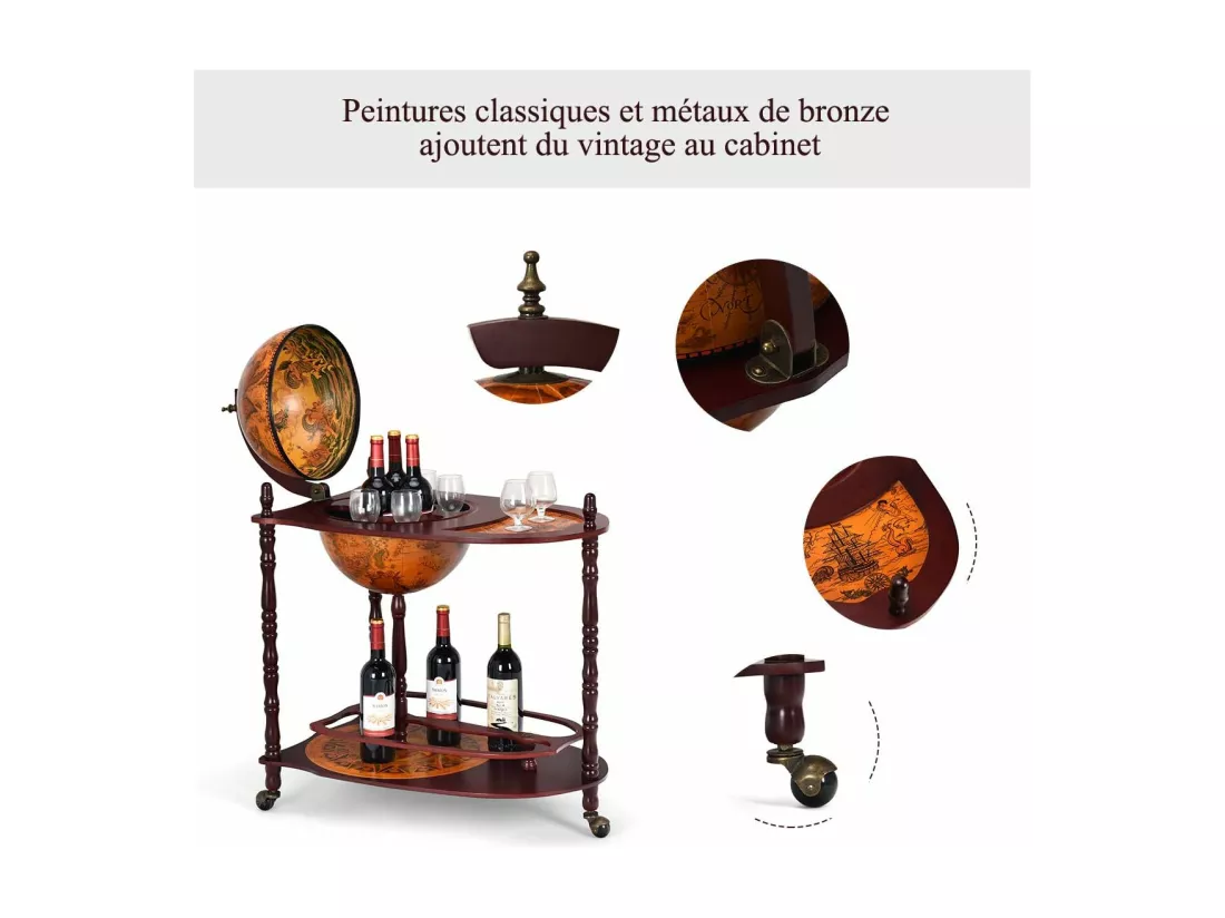Bar globe terrestre vintage mappe monde en bois d'eucalyptus avec roulette
