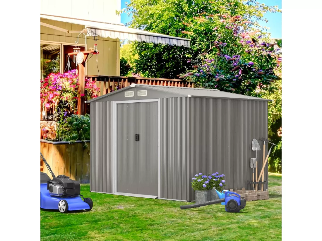 Abri de Jardin 4.7㎡en Acier Galvanisé Anti-UV, 260 x 207 x 181 CM, Cabane de Jardin Exterieur 9.7 m³ avec Fondation et Porte Coulissante, Rampe, 4 Trous d’Aération, 4 Gants Inclus, Gris
