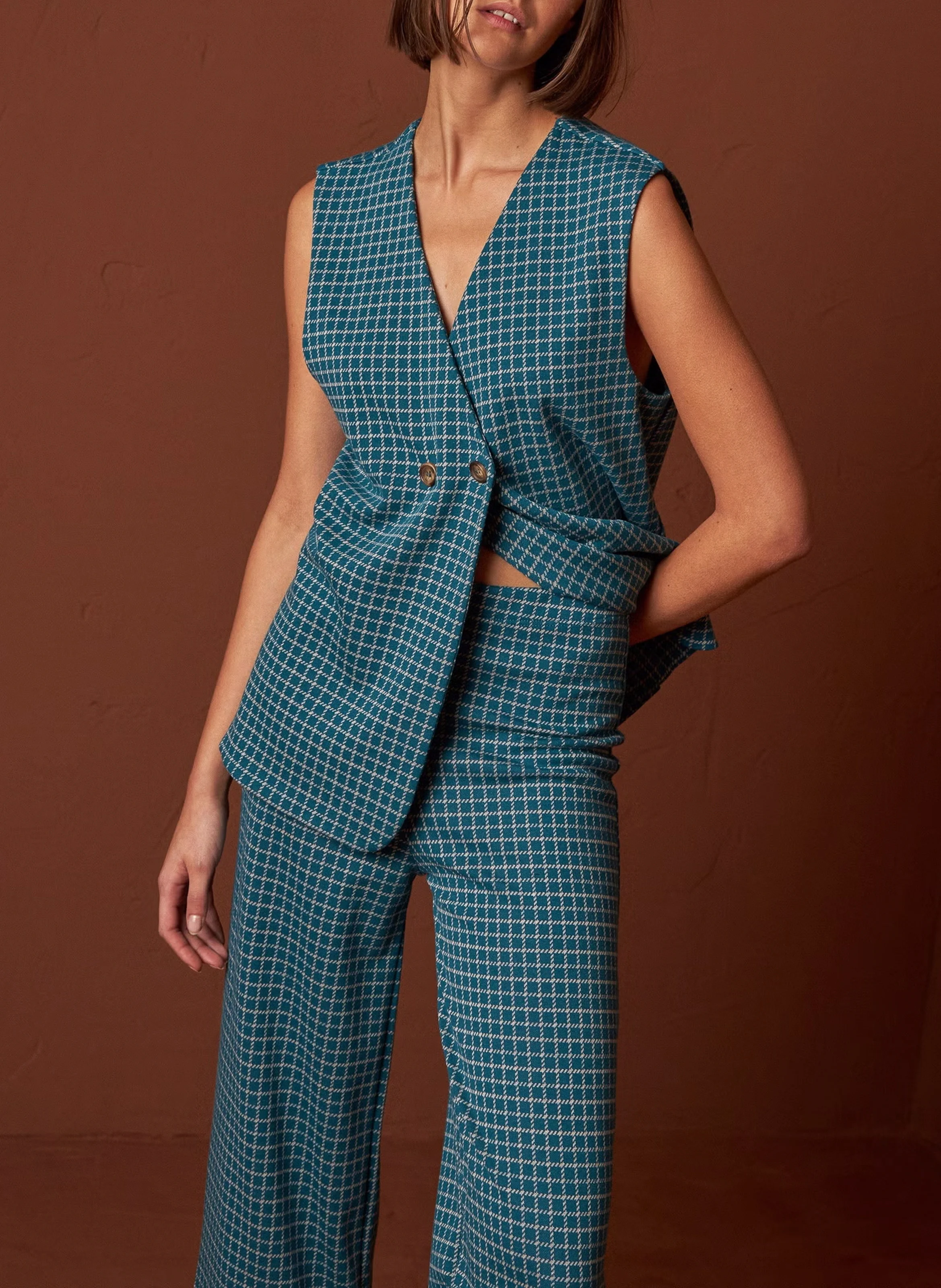 Gilet col V à carreaux | Bleu