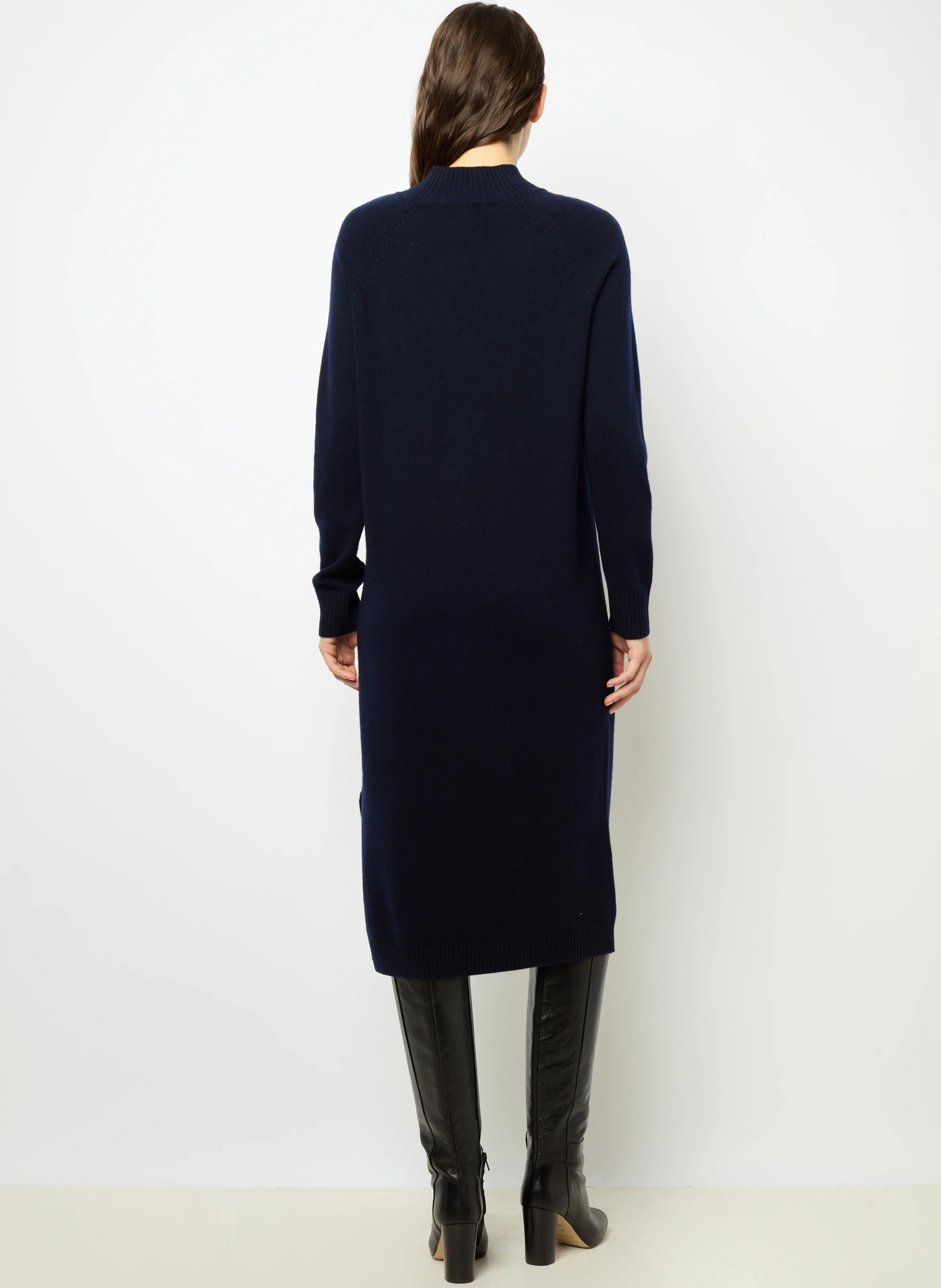 SHAINA - Robe midi col montant en laine | Bleu