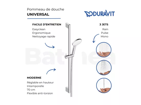 Pommeau de douche DURAVIT 3 jets type massage flexible et barre noir mat