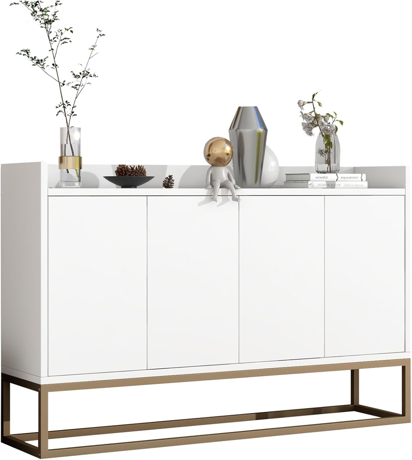 Sideboard Kommode 120cm breit,Modernes Buffetschrank mit 4 Türe,Kommode Schrank Buffetschrank mit Verstellbares Regal und Metallbeinen für Wohnzimmer und Esszimmer Küche,Weiß