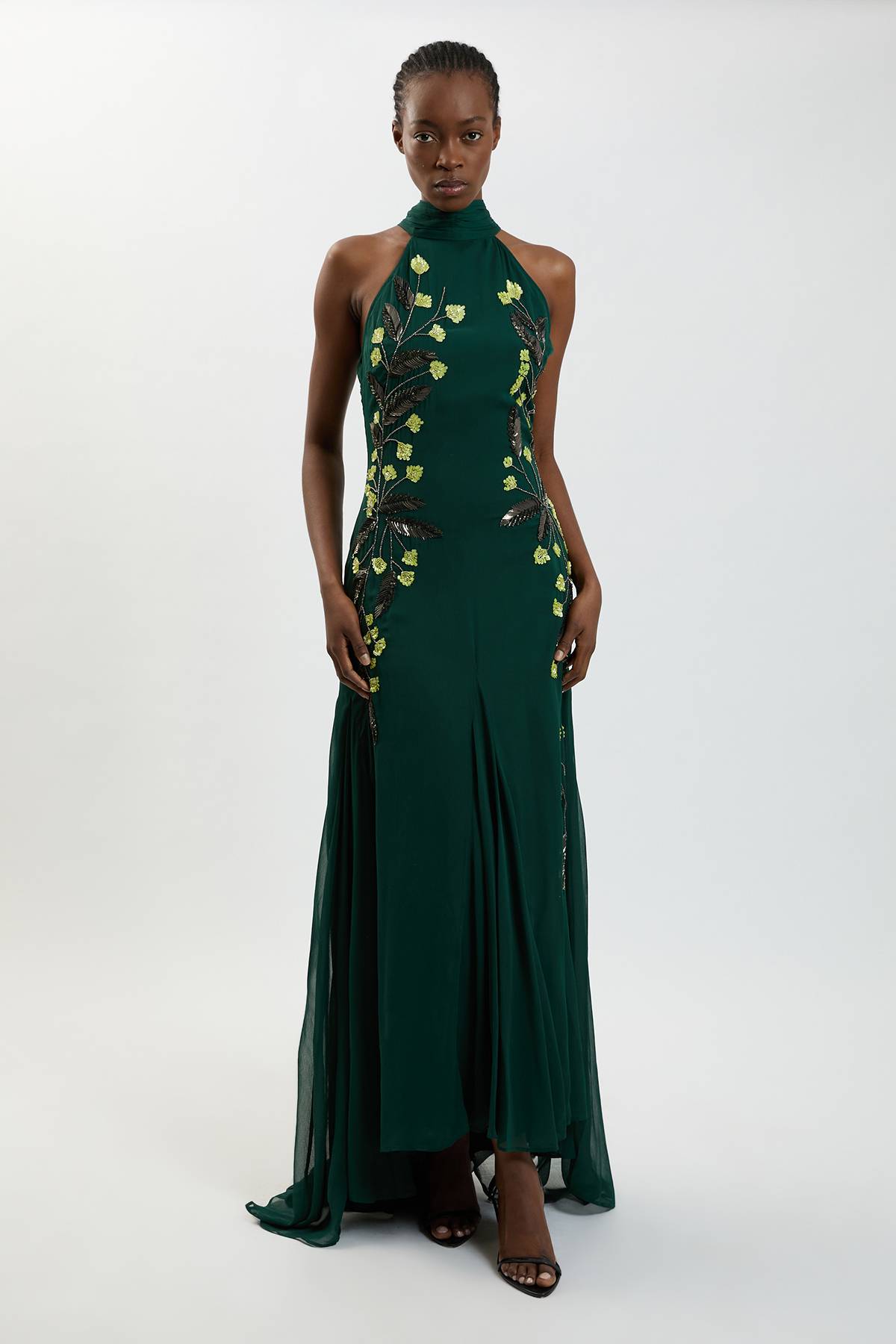 KarenMillen Robe Longue Dos Nu À Col Halter Avec Ornements Floraux Brodés Main