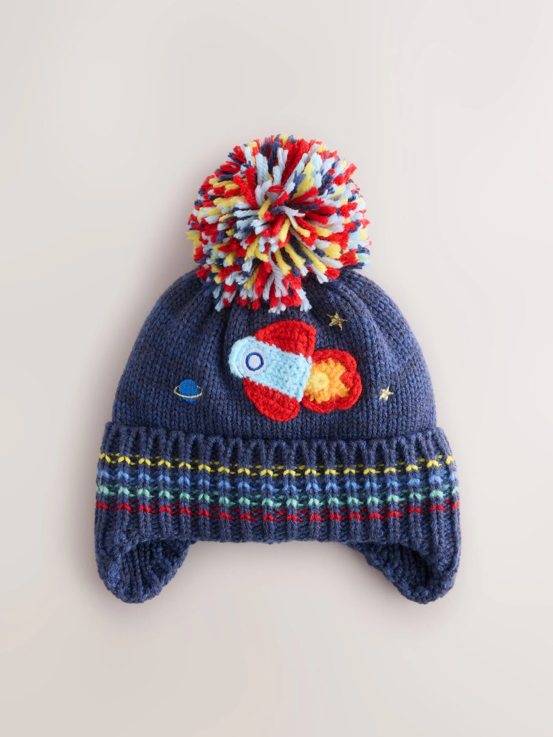 Marineblauw met raket - Beanie-muts met oorbedekking en pompon (3mnd -10jr)