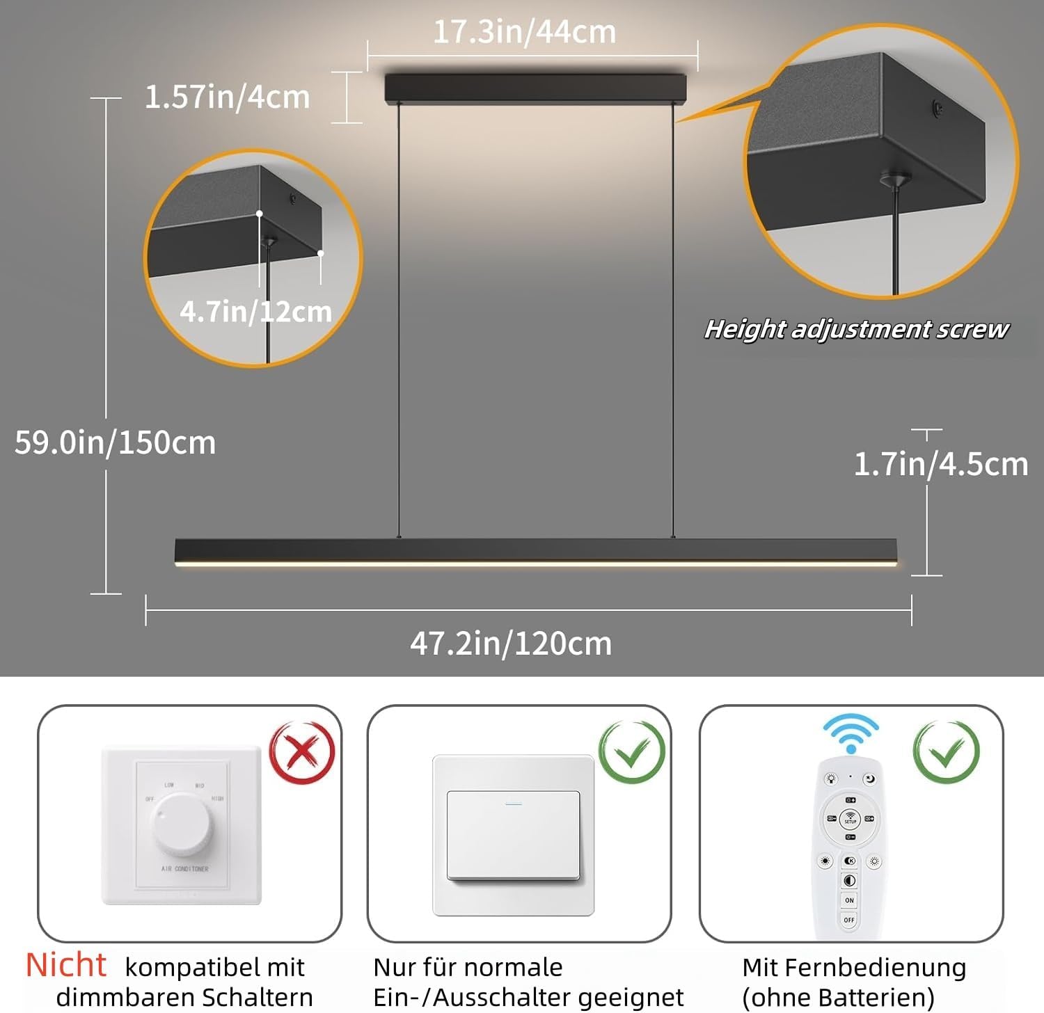 Moderne LED Esstisch Pendelleuchte, 3000K/4000K/6000K 10%–100% Farbtemperatur Linear Lampe Hängend, Dimmbar mit Fernbedienung Hängelampe für Küche, Wohnzimmer, Esszimmer, Schlafzimmer- Schwarz 120CM